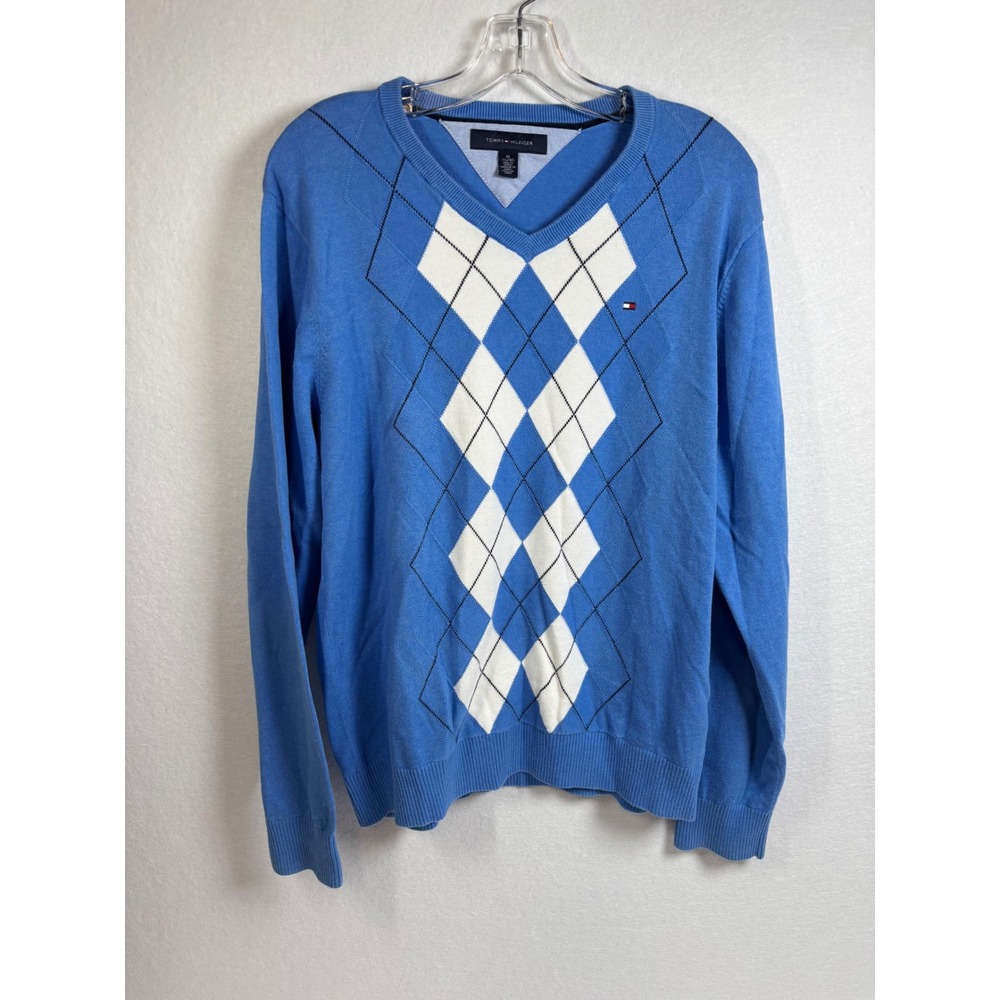 Tommy Hilfiger Sweater Mens XL Blue Cotton Argyle V-Neck Classic Preppy Pullover